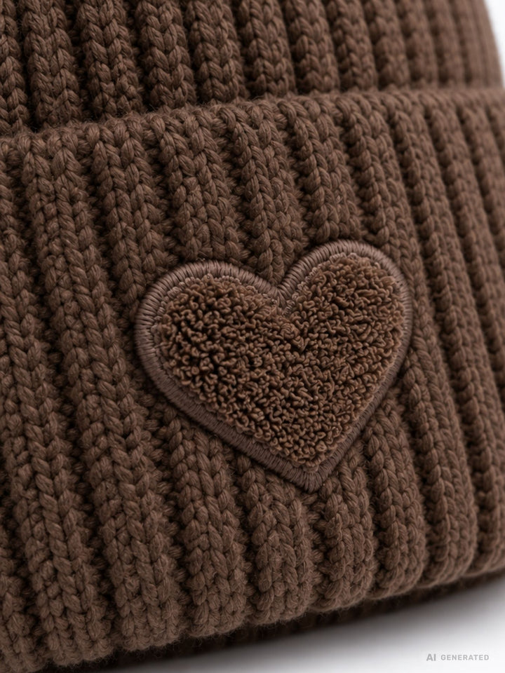 Strickmütze Damen mit Herz Ton-in-Ton – Coffee
