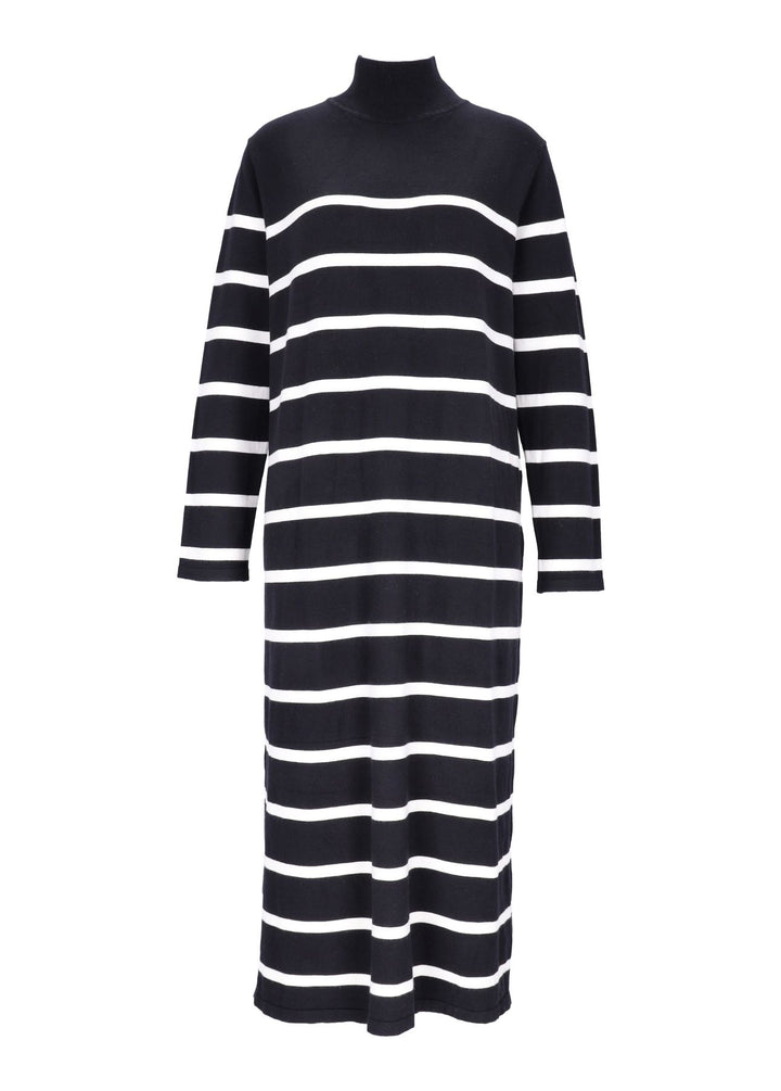 Damen Strickkleid mit Streifen und Langarm – Schwarz
