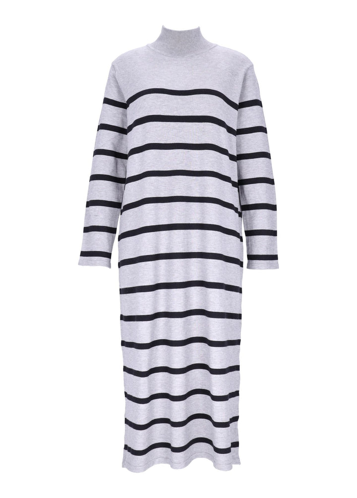 Damen Strickkleid mit Streifen und Langarm – Grau