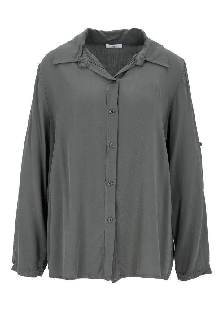 Damen Bluse mit Stehkragen und Knopfleiste – Militärgrün