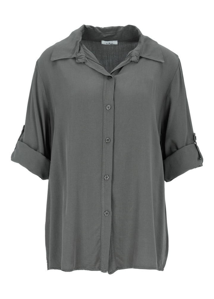 Damen Bluse mit Stehkragen und Knopfleiste – Militärgrün