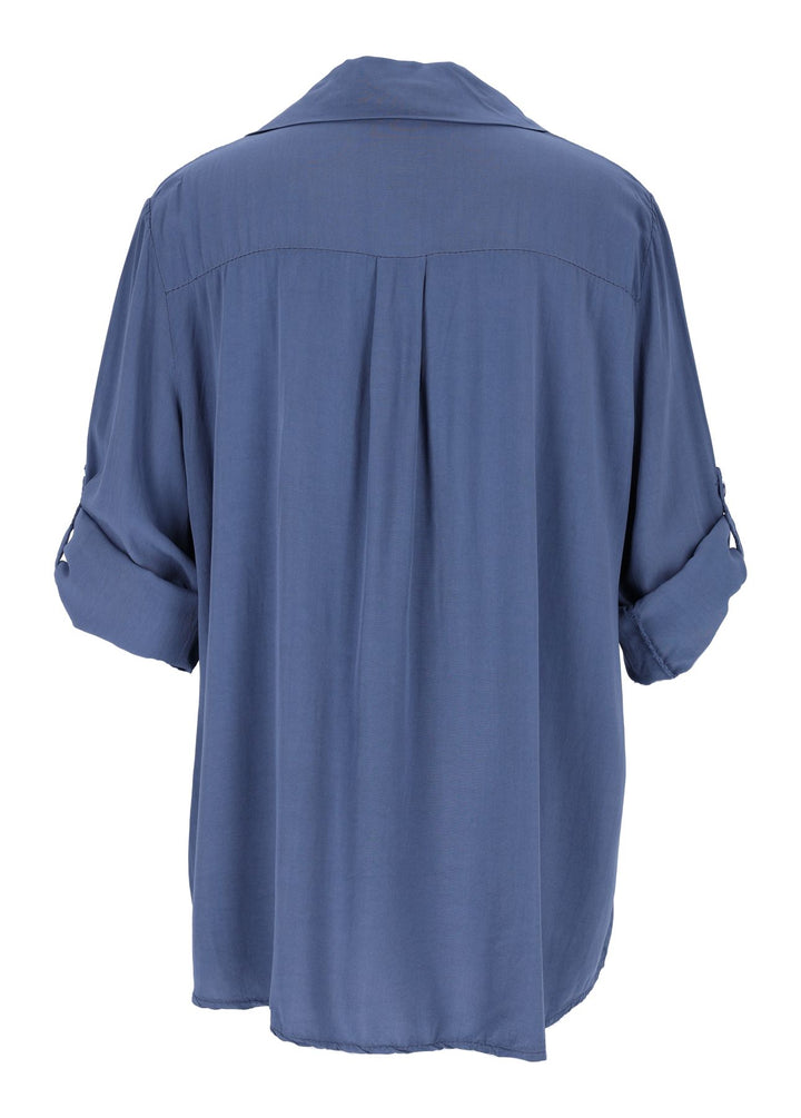 Damen Bluse mit Stehkragen und Knopfleiste – Blue Jeans