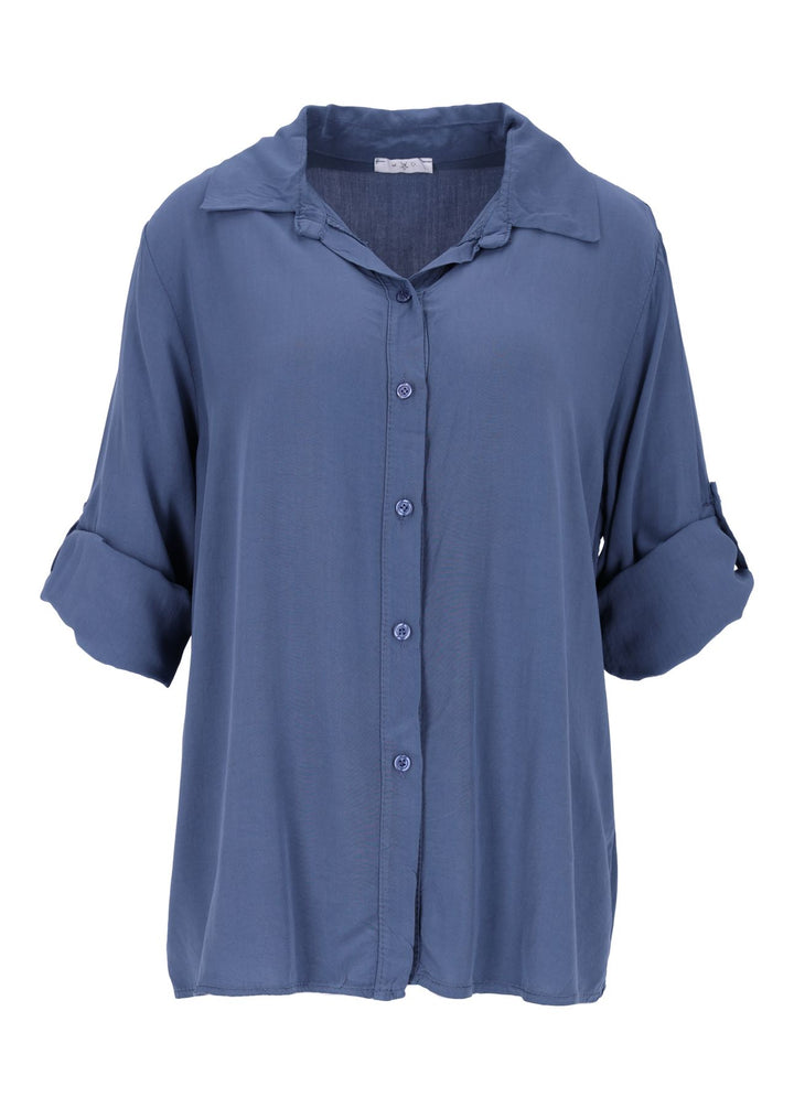 Damen Bluse mit Stehkragen und Knopfleiste – Blue Jeans