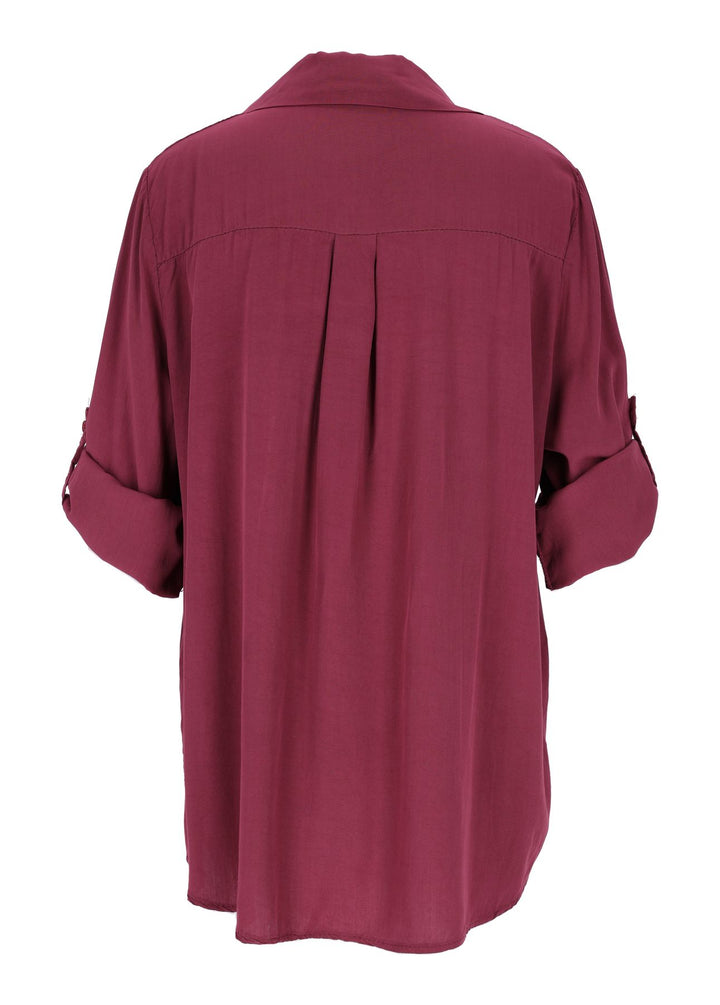 Damen Bluse mit Stehkragen und Knopfleiste – Bordeaux