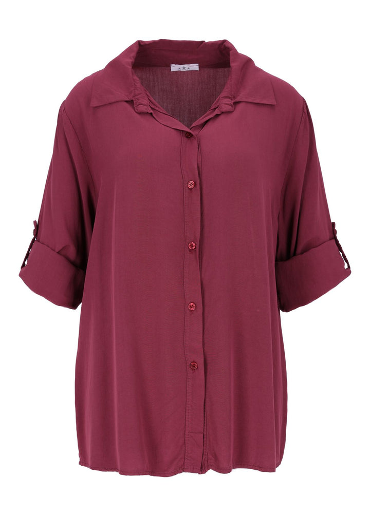 Damen Bluse mit Stehkragen und Knopfleiste – Bordeaux