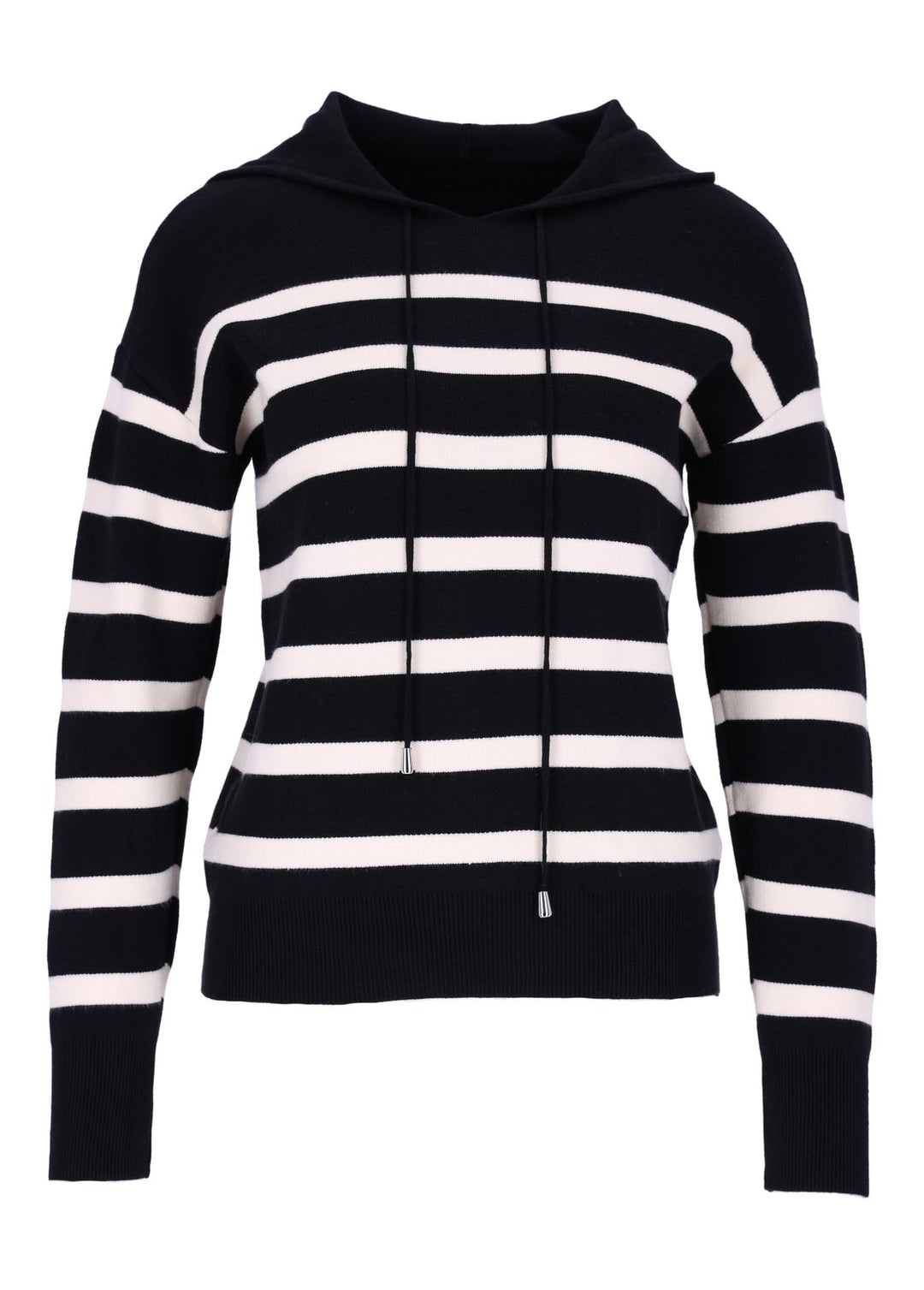 Damen Strickpullover mit Kapuze und Blockstreifen – Schwarz