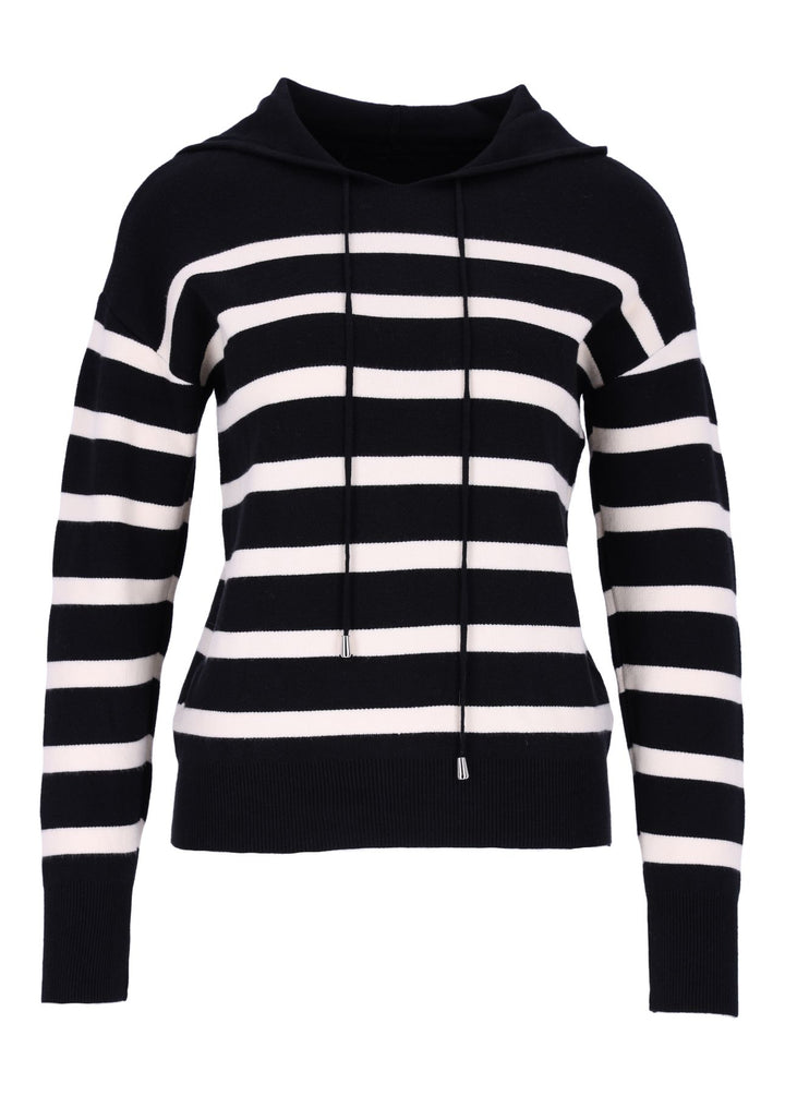 Damen Strickpullover mit Kapuze und Blockstreifen – Schwarz