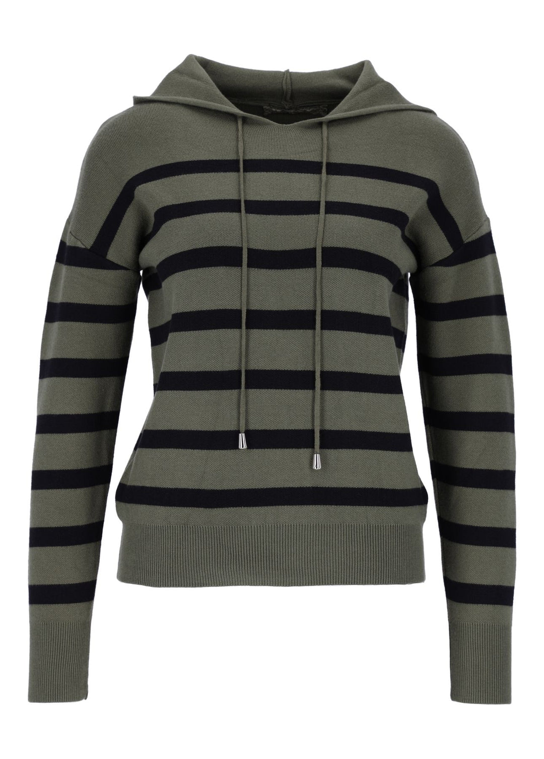 Damen Strickpullover mit Kapuze und Blockstreifen – Khaki