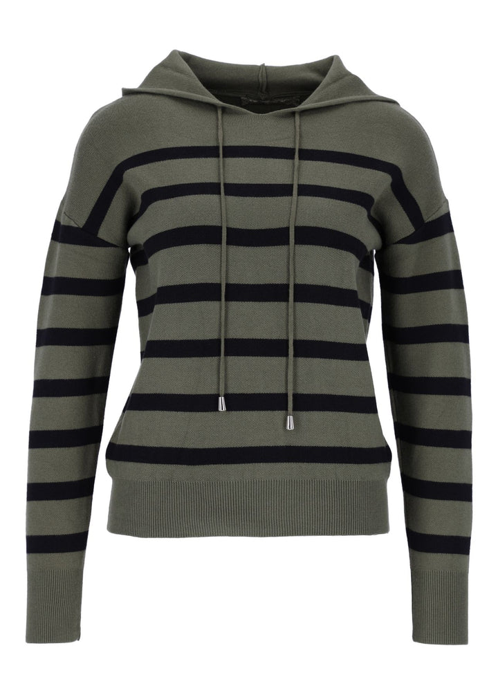 Damen Strickpullover mit Kapuze und Blockstreifen – Khaki