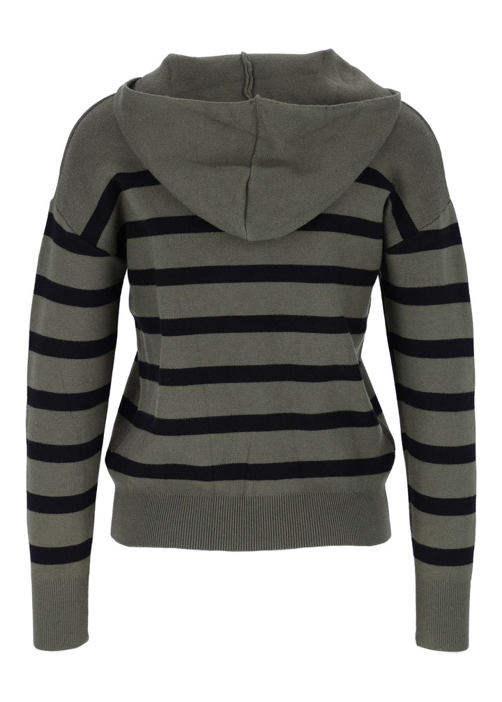 Damen Strickpullover mit Kapuze und Blockstreifen – Khaki
