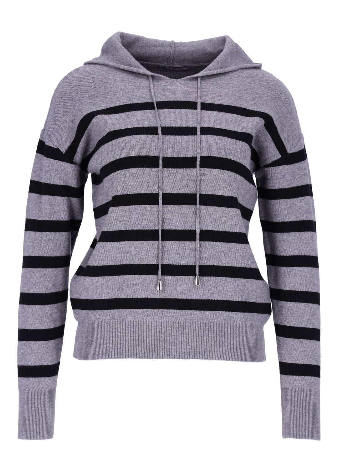 Damen Strickpullover mit Kapuze und Blockstreifen – Grau