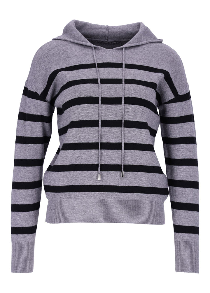 Damen Strickpullover mit Kapuze und Blockstreifen – Grau