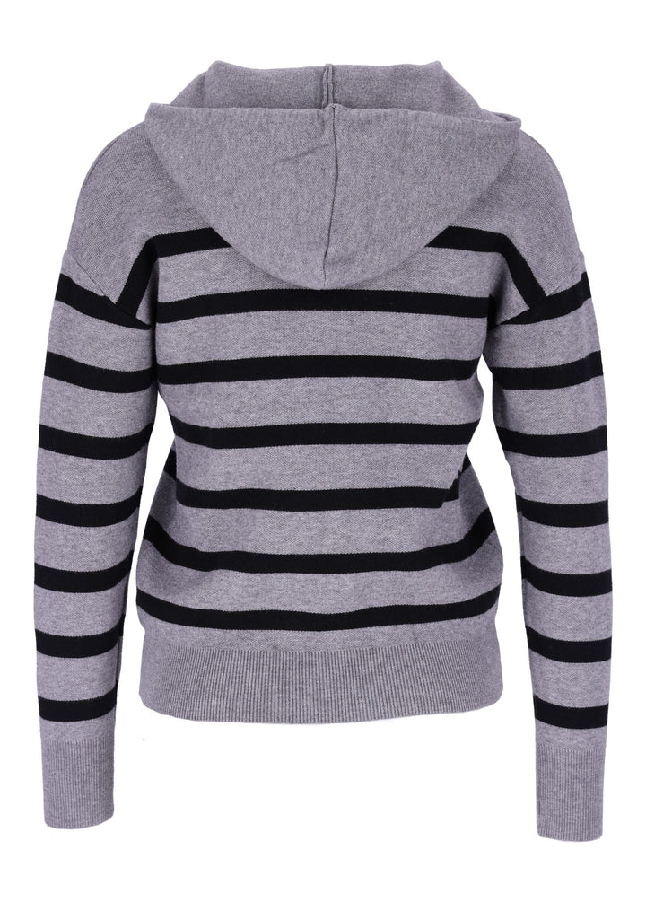 Damen Strickpullover mit Kapuze und Blockstreifen – Grau