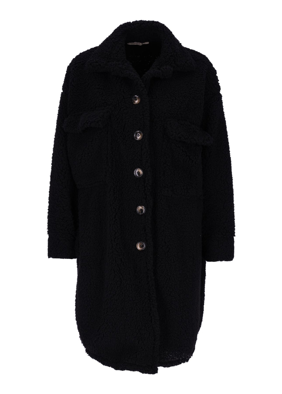 Damen Teddy Blusenjacke mit Stehkragen und Brusttaschen – Schwarz