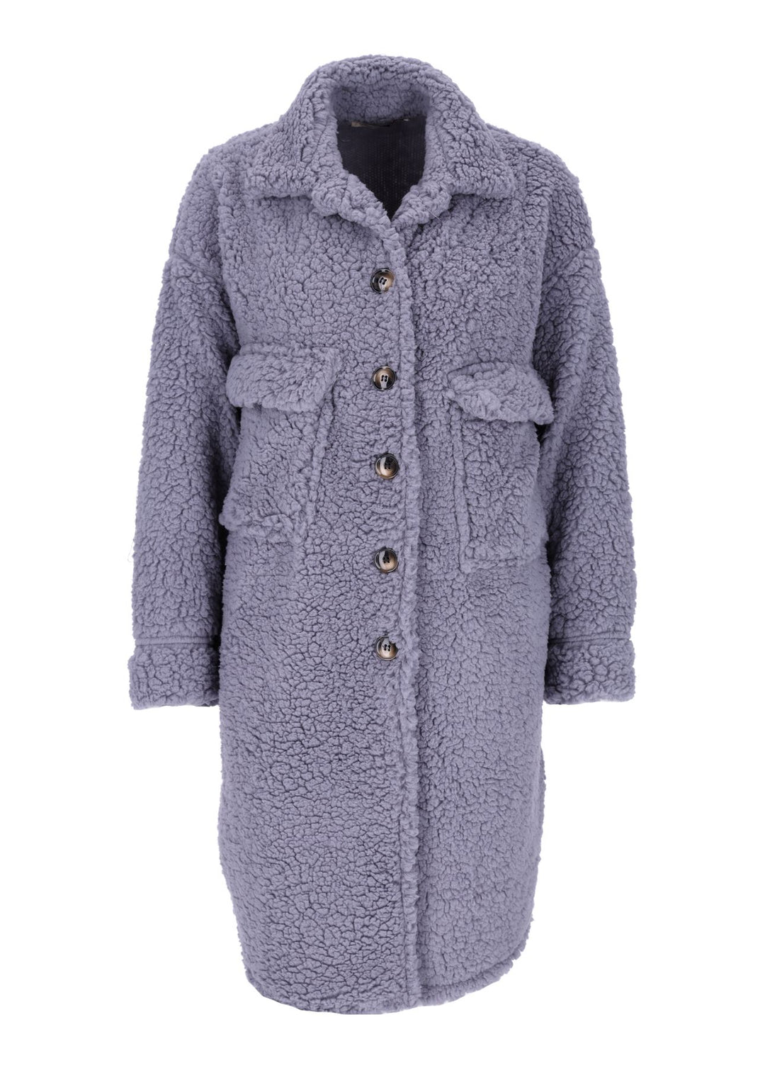 Damen Teddy Blusenjacke mit Stehkragen und Brusttaschen – Dunkelgrau