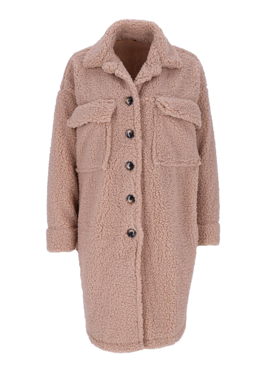 Damen Teddy Blusenjacke mit Stehkragen und Brusttaschen – Beige