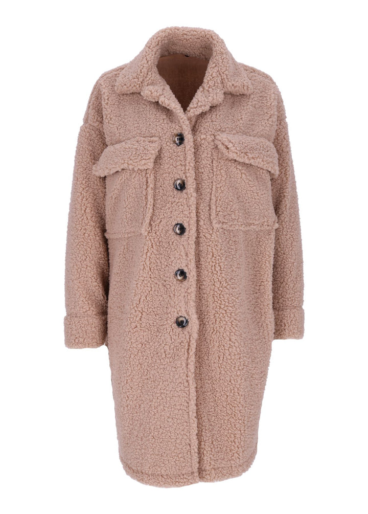 Damen Teddy Blusenjacke mit Stehkragen und Brusttaschen – Beige