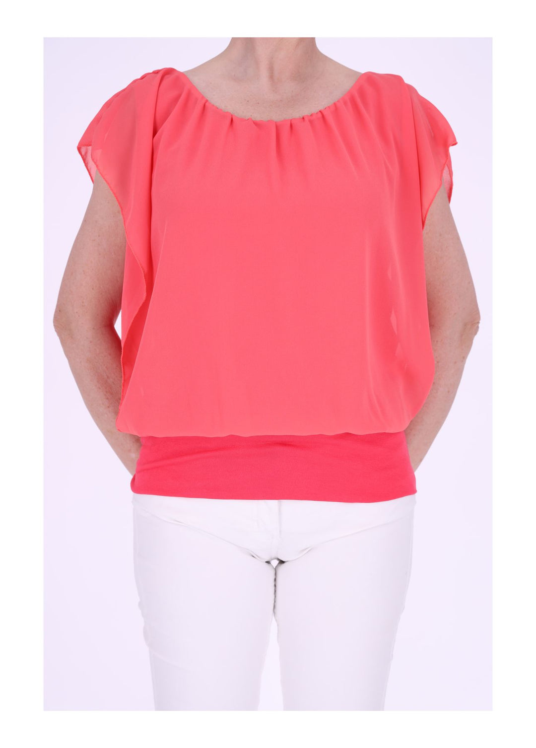Damen Tüllshirt im Layer-Look mit gerafftem Kragen – Lachs