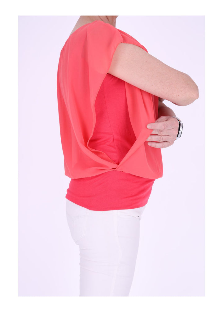 Damen Tüllshirt im Layer-Look mit gerafftem Kragen – Lachs
