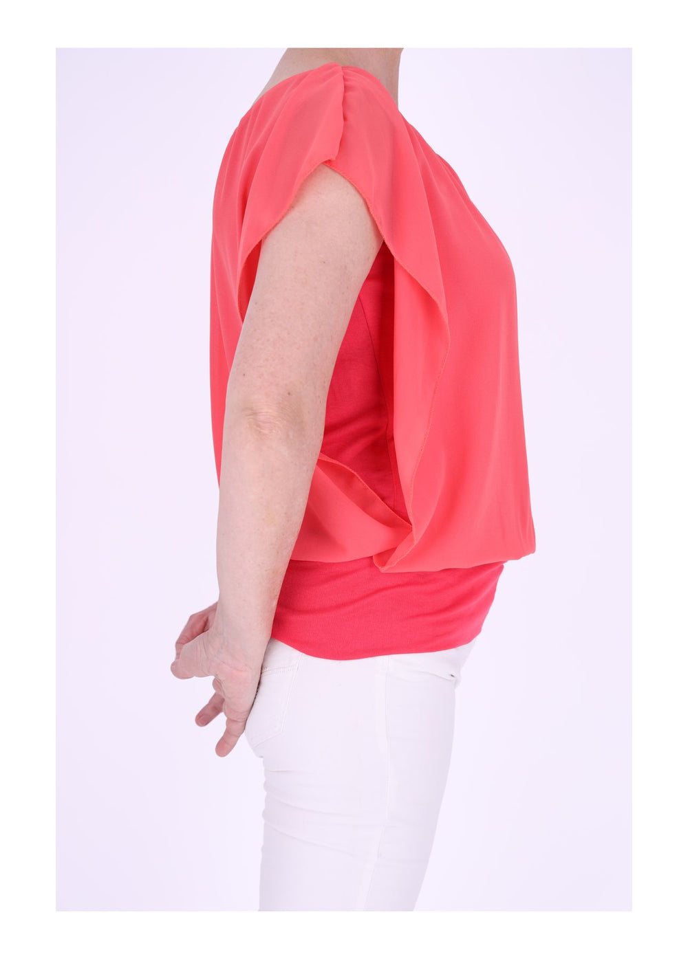 Damen Tüllshirt im Layer-Look mit gerafftem Kragen – Lachs