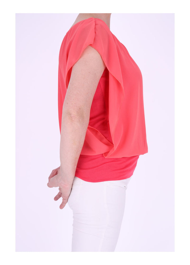 Damen Tüllshirt im Layer-Look mit gerafftem Kragen – Lachs