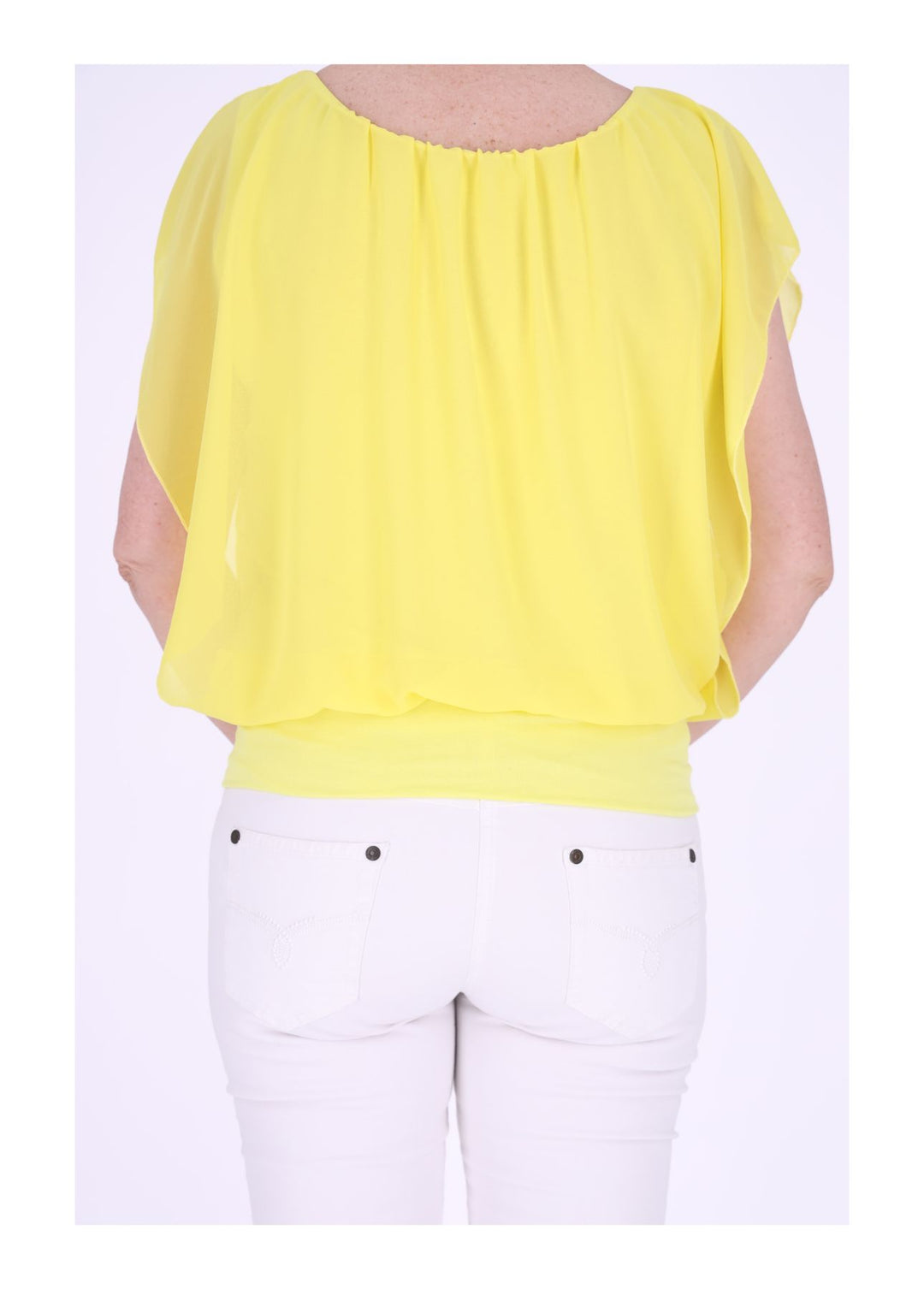 Damen Tüllshirt im Layer-Look mit gerafftem Kragen – Gelb