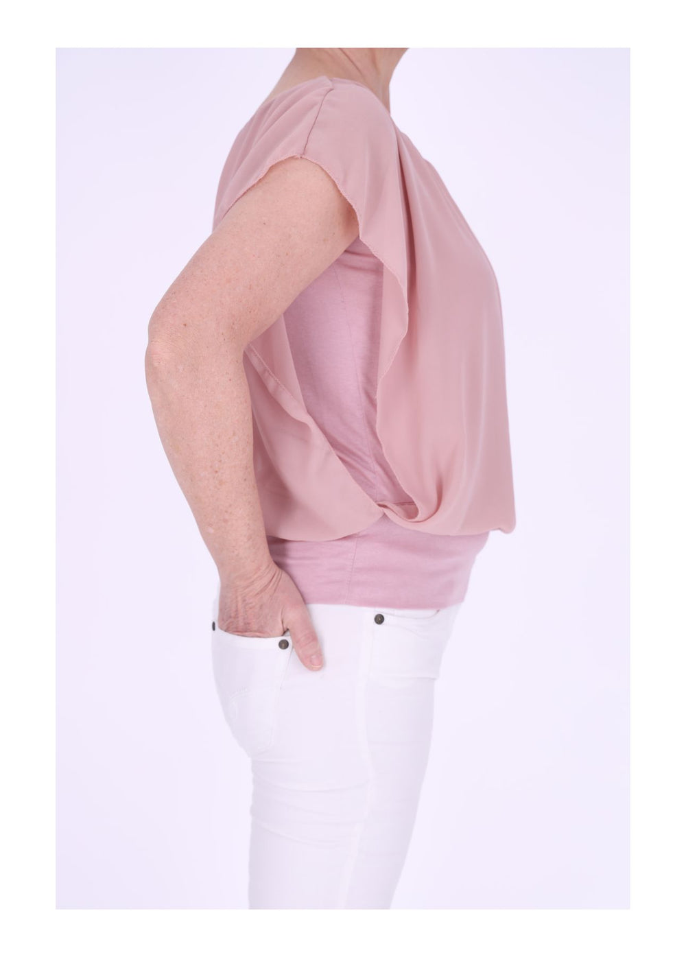 Damen Tüllshirt im Layer-Look mit gerafftem Kragen – Altrosa