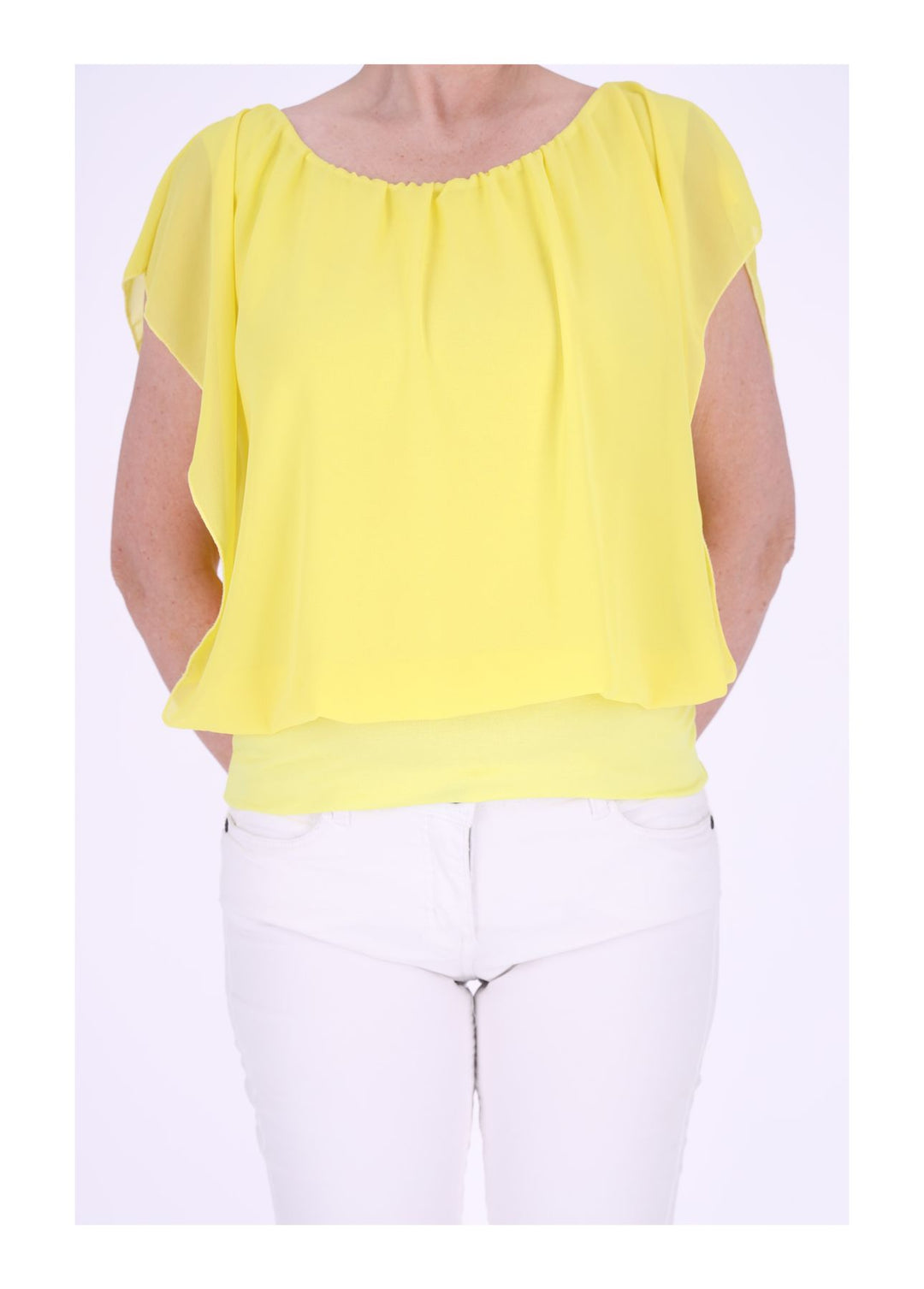 Damen Tüllshirt im Layer-Look mit gerafftem Kragen – Gelb