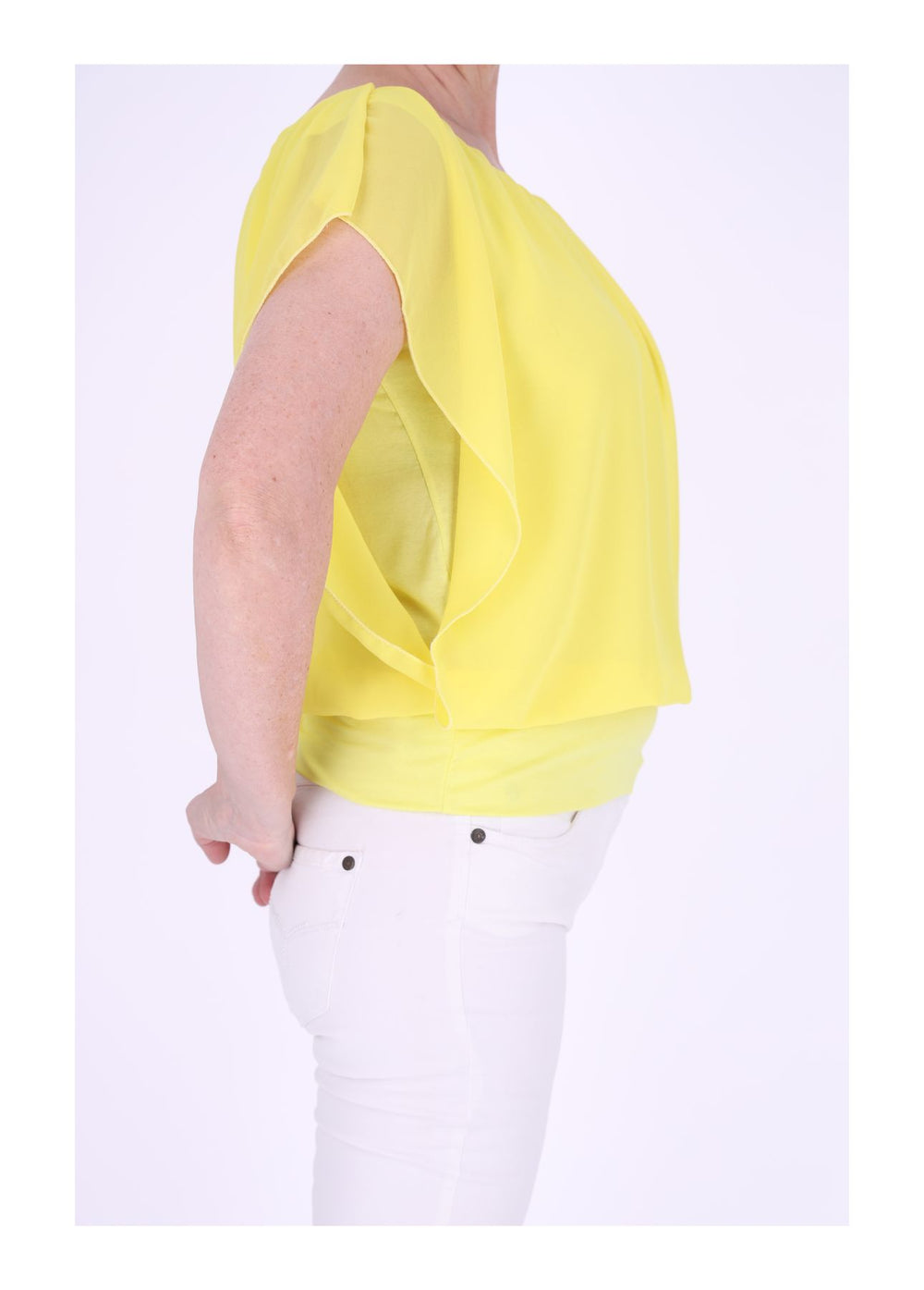 Damen Tüllshirt im Layer-Look mit gerafftem Kragen – Gelb