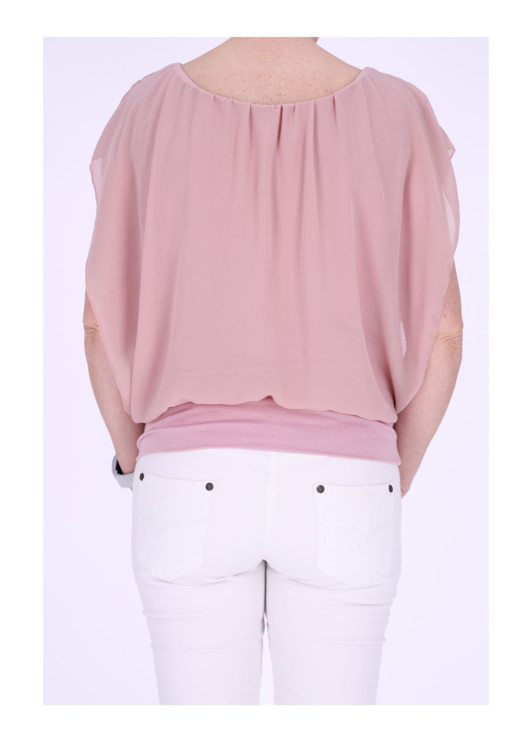 Damen Tüllshirt im Layer-Look mit gerafftem Kragen – Altrosa