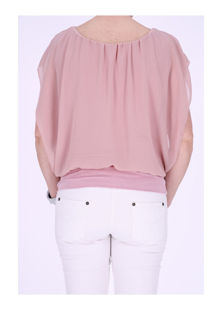 Damen Tüllshirt im Layer-Look mit gerafftem Kragen – Altrosa