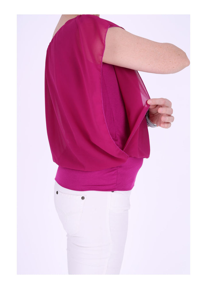 Damen Tüllshirt im Layer-Look mit gerafftem Kragen – Dark Fuchsia