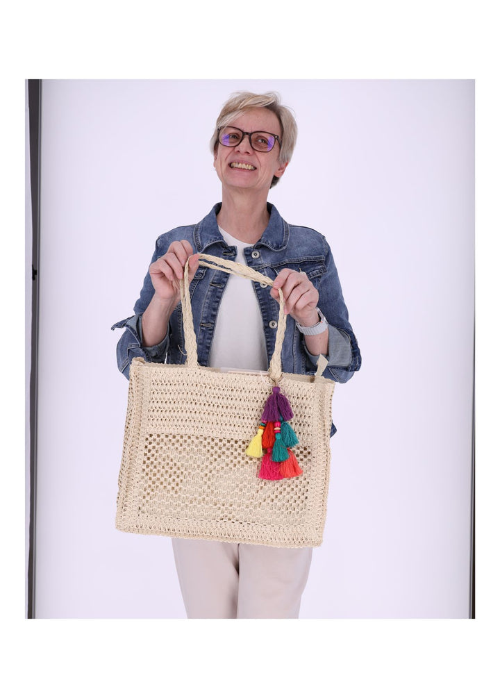 Damen Basttasche Groß mit Bommel