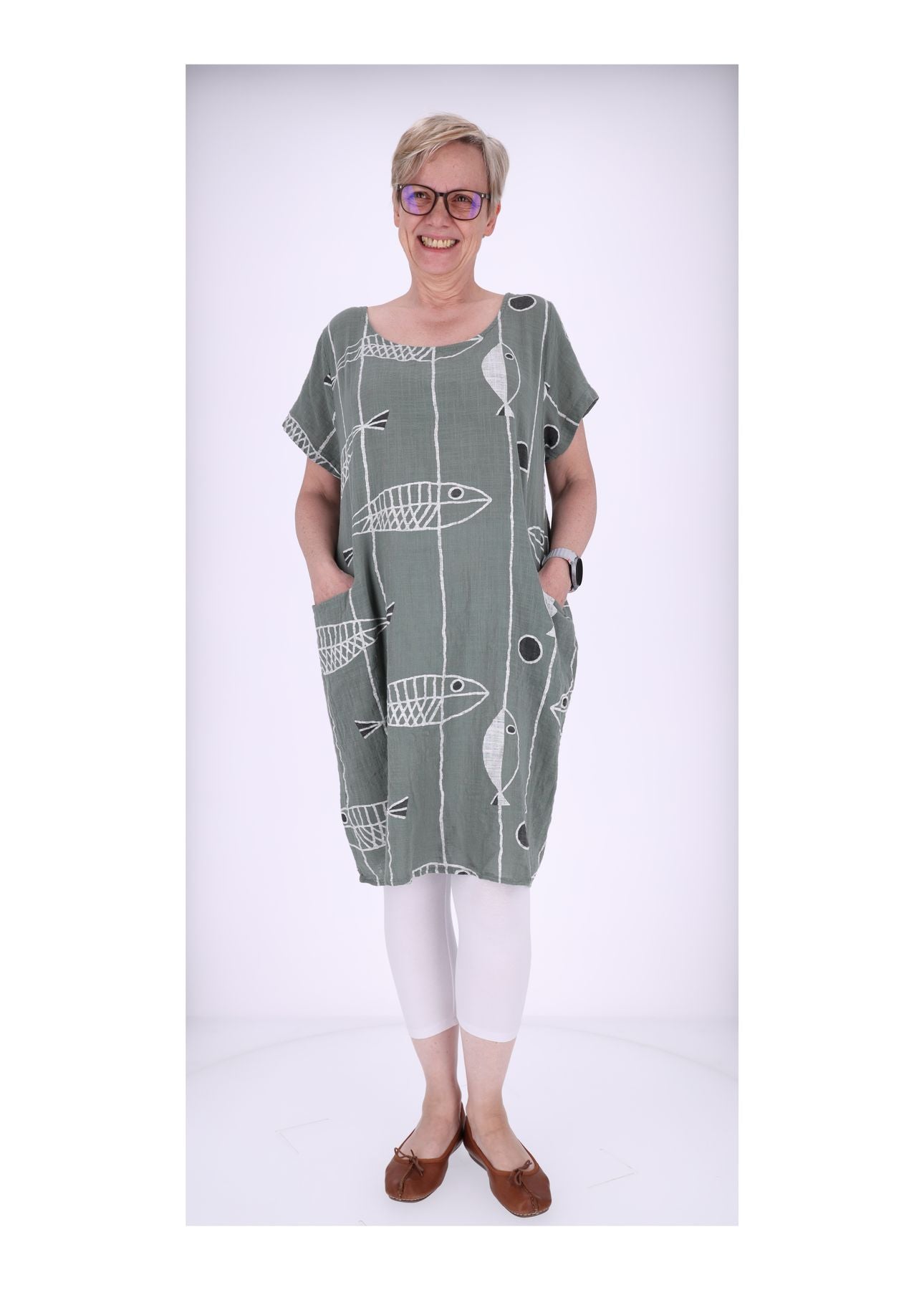 Kleid Leinenoptik Taschen