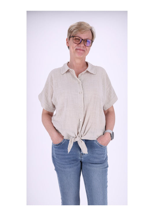 Bluse Damen Kurzarm zum binden Leinenoptik