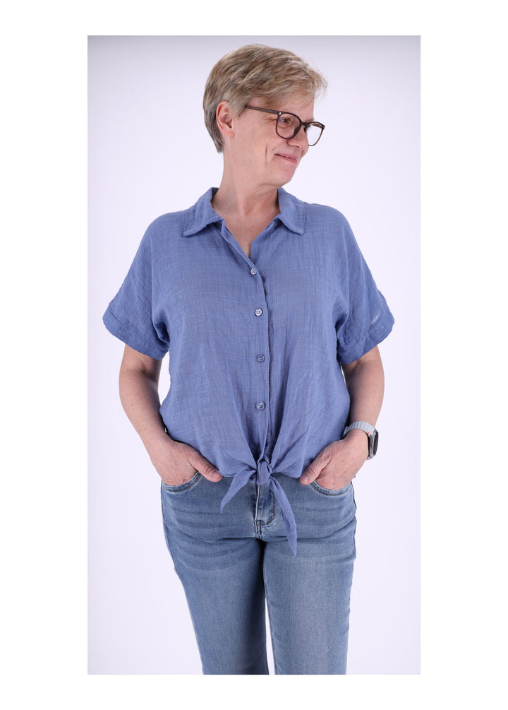 Bluse Damen Kurzarm zum binden Leinenoptik