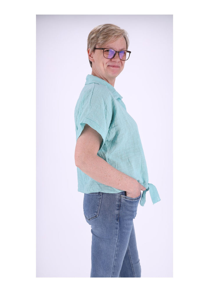 Bluse Damen Kurzarm zum binden Leinenoptik