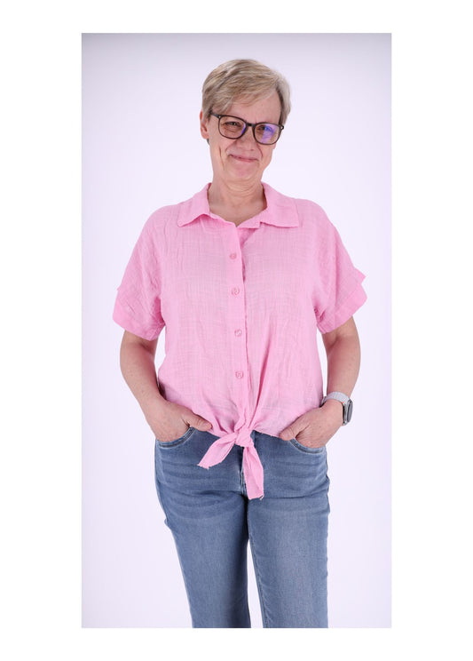 Bluse Damen Kurzarm zum binden Leinenoptik