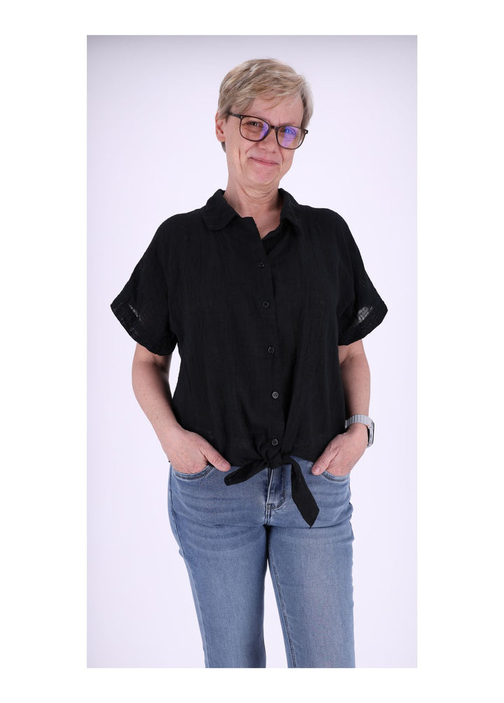 Bluse Damen Kurzarm zum binden Leinenoptik