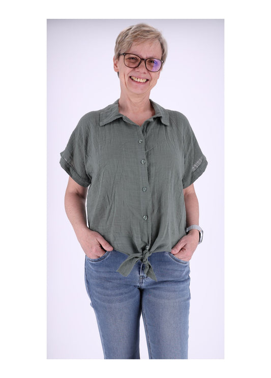 Bluse Damen Kurzarm zum binden Leinenoptik