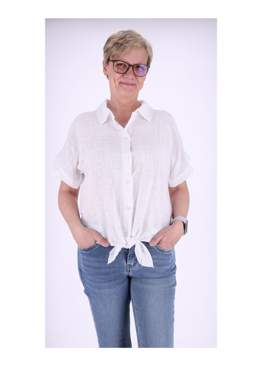 Bluse Damen Kurzarm zum binden Leinenoptik