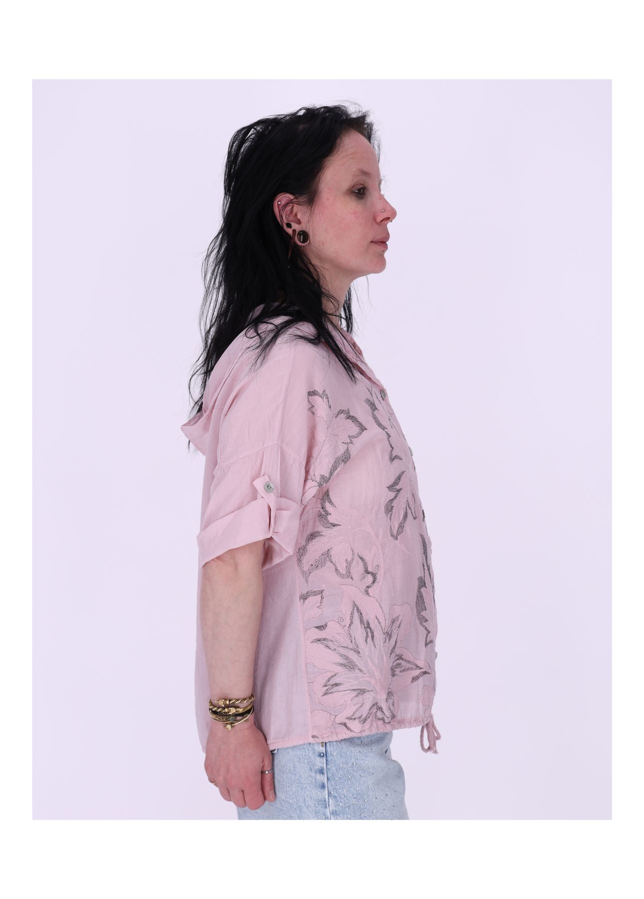 Bluse Kapuze Halbarm mit Stickerei