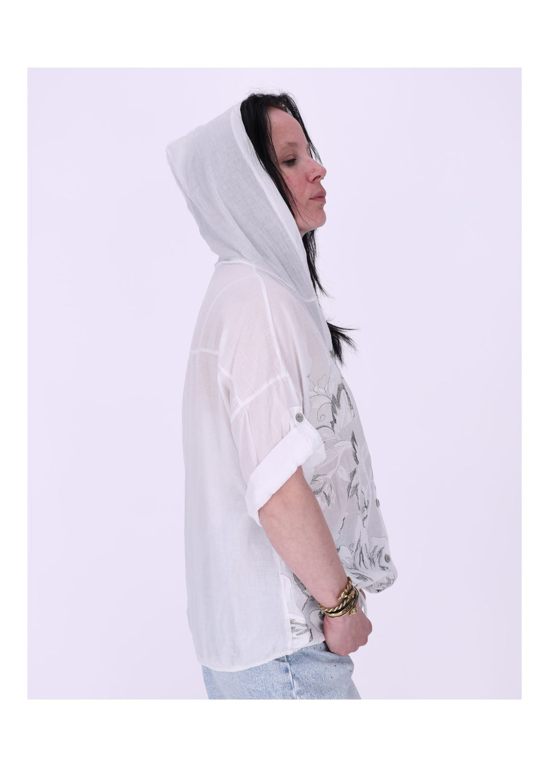 Bluse Kapuze Halbarm mit Stickerei