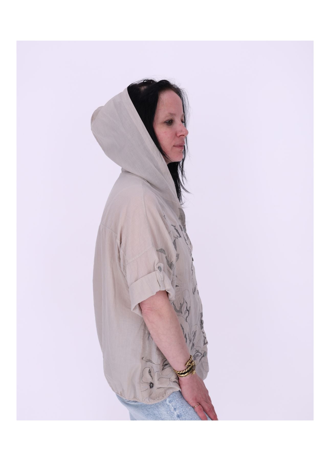 Bluse Kapuze Halbarm mit Stickerei