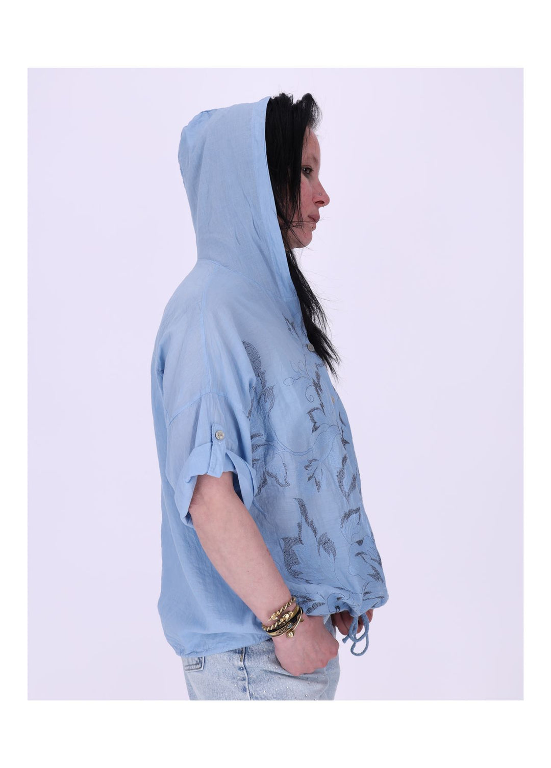 Bluse Kapuze Halbarm mit Stickerei