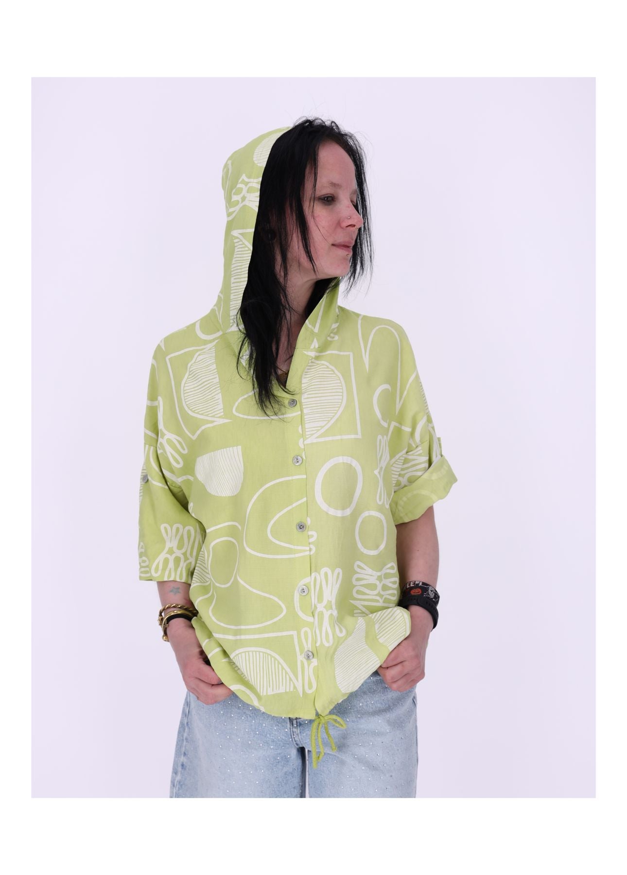 Bluse Kapuze Halbarm Grafisch