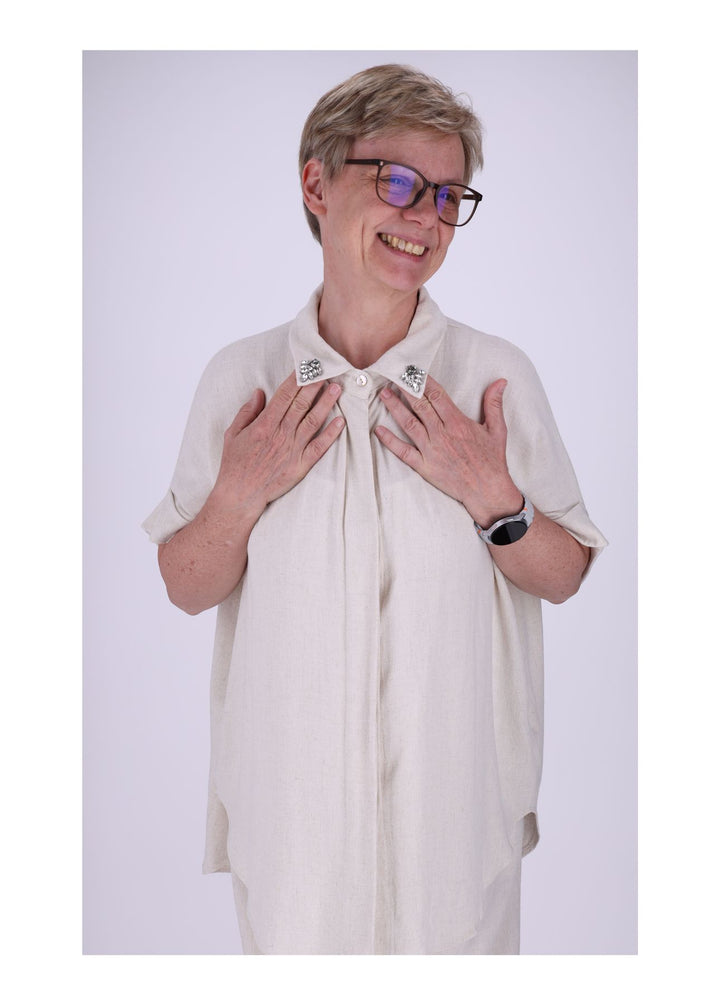 Bluse 1/2 Arm Damen Leinenoptik verdeckte Knopfleiste