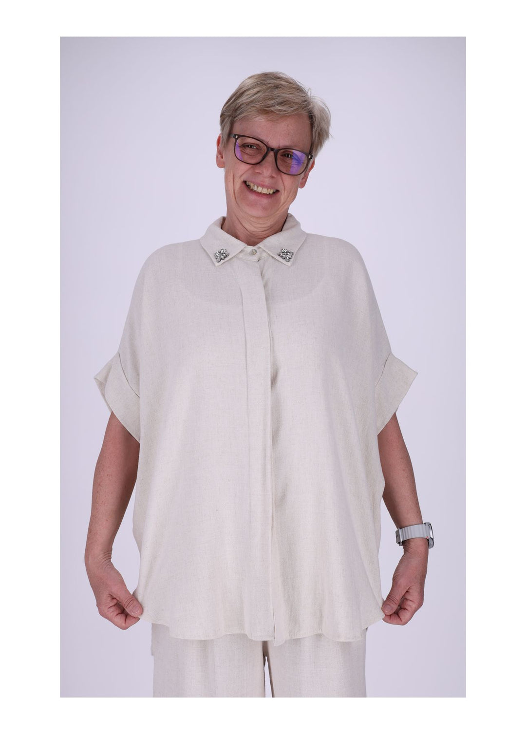 Bluse 1/2 Arm Damen Leinenoptik verdeckte Knopfleiste