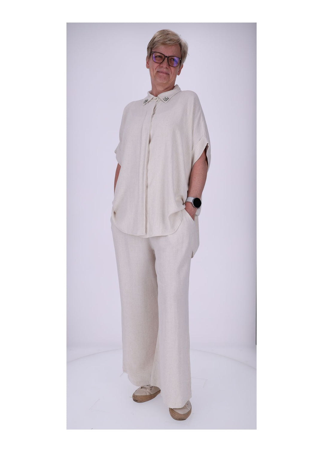 Bluse 1/2 Arm Damen Leinenoptik verdeckte Knopfleiste