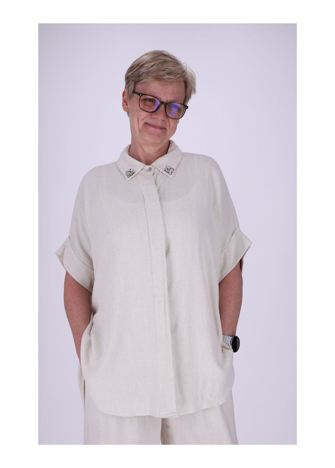 Bluse 1/2 Arm Damen Leinenoptik verdeckte Knopfleiste